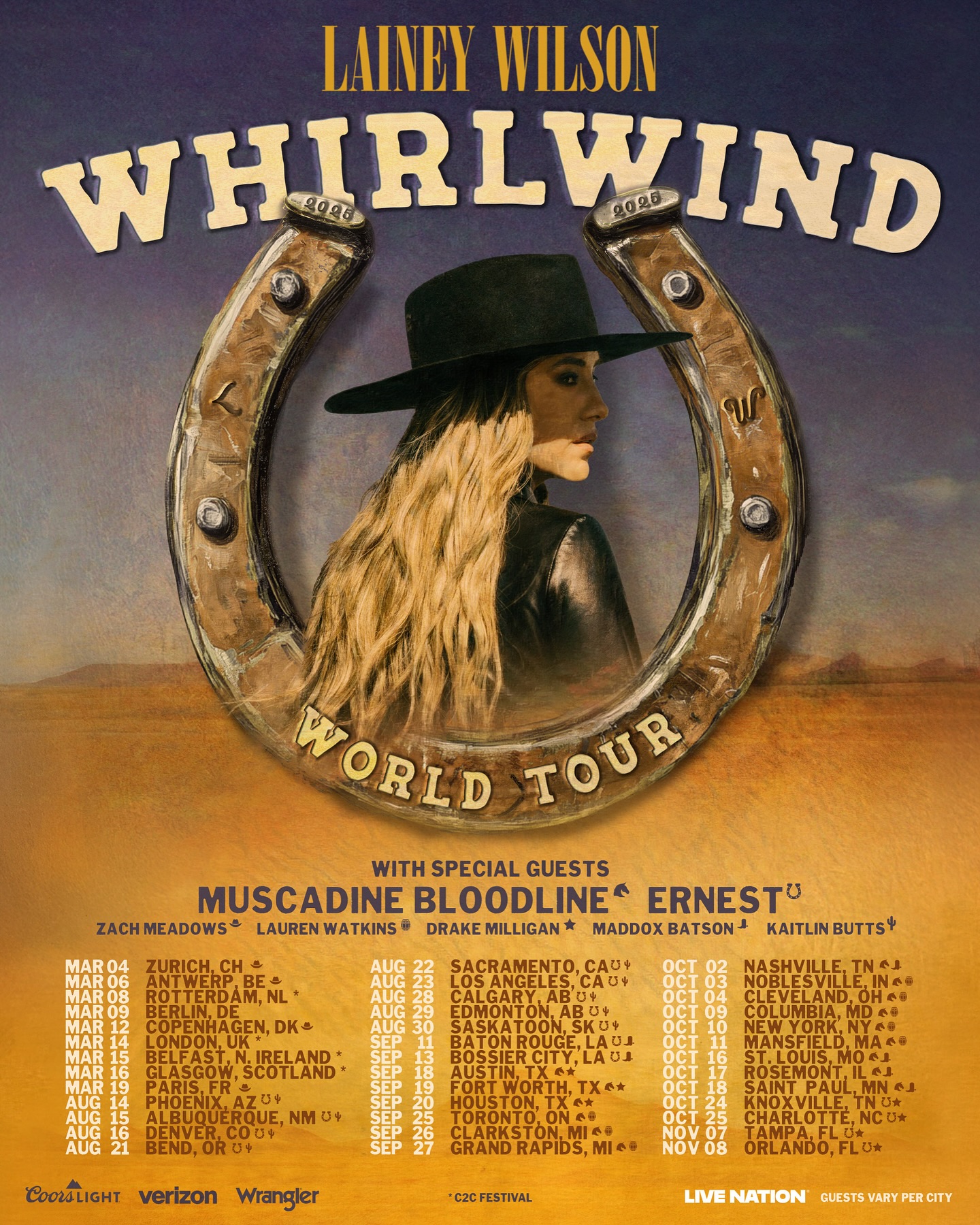 Lainey Wilson Whirlwind World Tour 2025